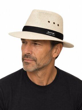 Original Panama Jack Cream Straw Fedora with Black Band Accent + Feathers